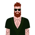 Hipster. A bearded man with tattoos and sunglasses. Fashionable haircut. Modern and fashionable image.